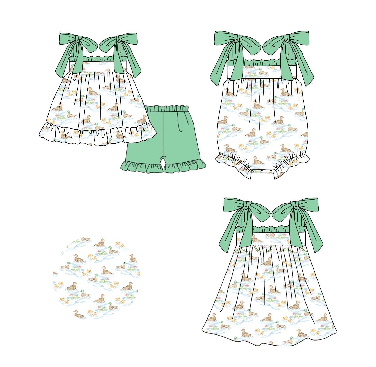 Baby Girl Ducks Green ibling Romper Dress Clothes Set ( Moq 5 Each Design )