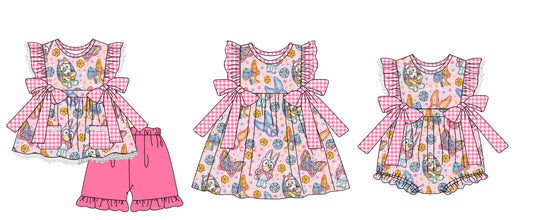 Baby Girl Short Sleeves Easter Dogs Rabbits Sibling Romper Dress Clothes Set ( Moq 5 Each Design )12.3