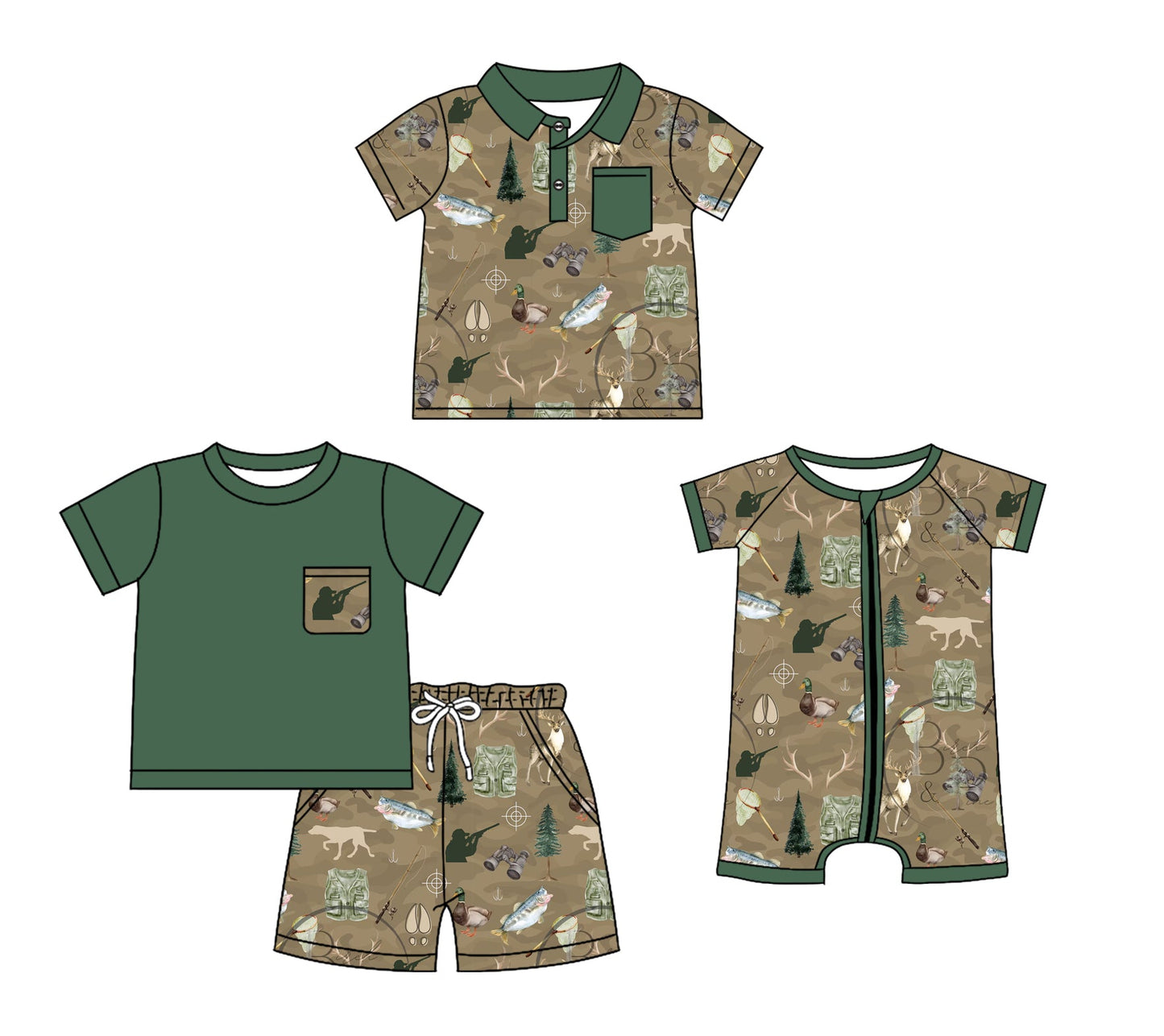 Baby Boy Fishing Ducks Dogs Deer Sibling Romper Set ( Moq 5 Each Design ) 12.7