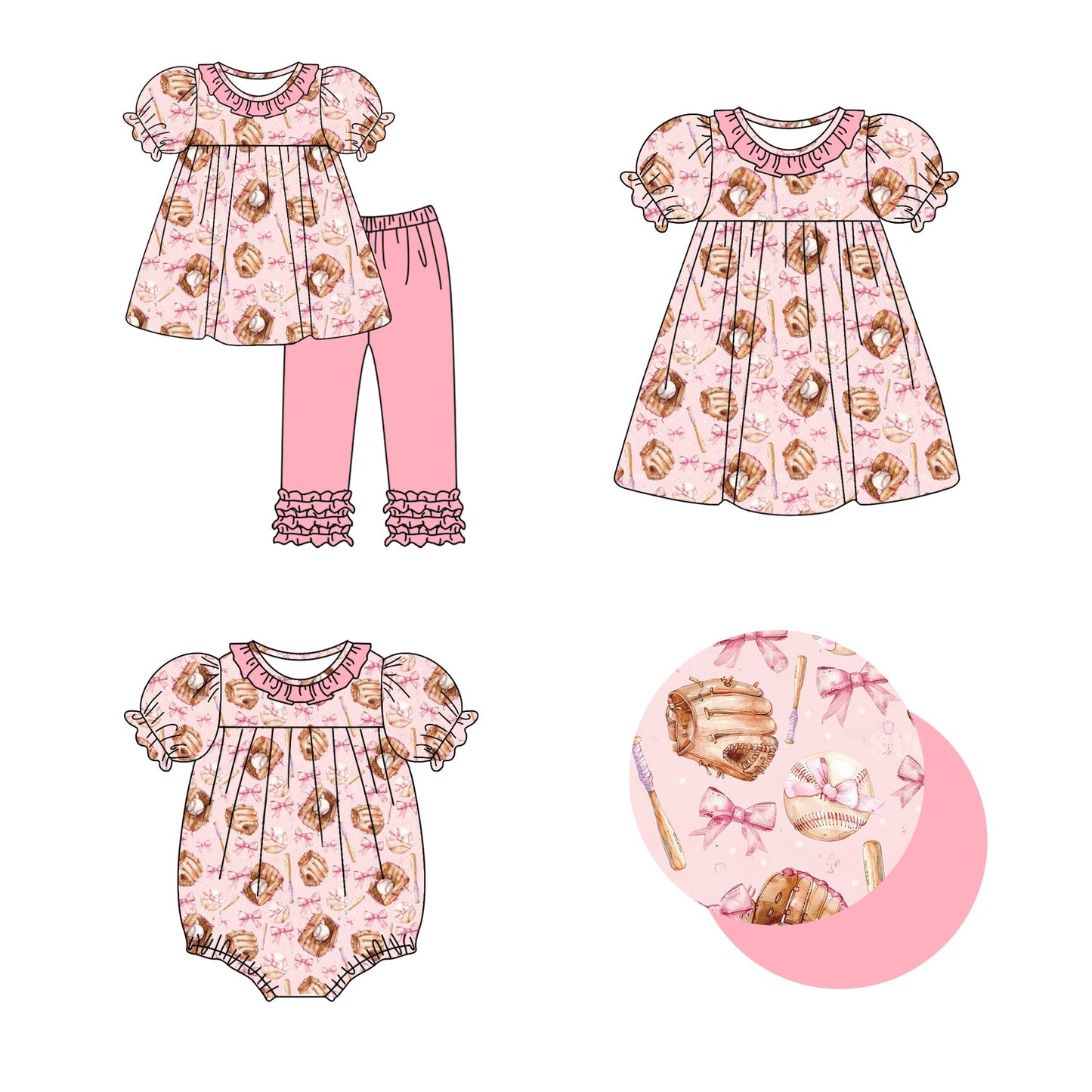 Baby Girl Short Sleeves Baseball Bows Sibling Romper Dress Set ( Moq 5 Each Design ) 12.6