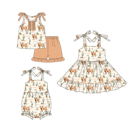 ( Moq 5 Each Style ) Baby Girl Sleeveless Western Cow Cactus Sibling Romper Dress Set 4.17