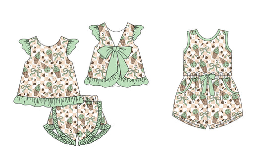 ( Moq 5 Each Style ) Baby Girl Sleeveless Green Bows Ice Cream Sibling Jumpsuit Set 4.19