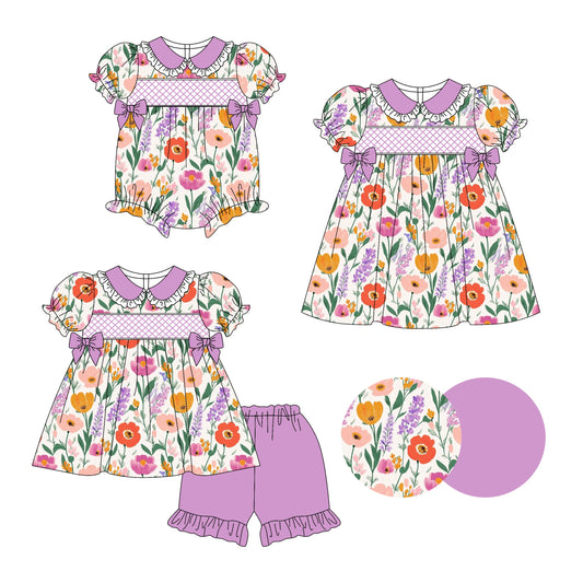 Baby Girl Short Sleeves Flower Purple Bows Sibling Romper Dress Set ( Moq 5 Each Style ) 3.14