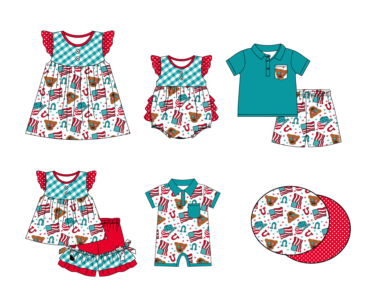 Baby Boy Girl Sibling July 4th Cow Flag Plaid Dress Romper Clothes Set ( Moq 5 Each style )11.22