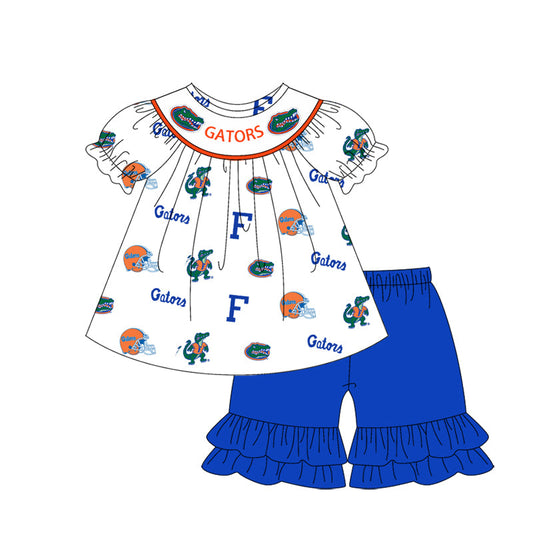Baby Girl Short Sleeves Team Tunic Blue Ruffle Shorts Clothes Set (Moq 5 )