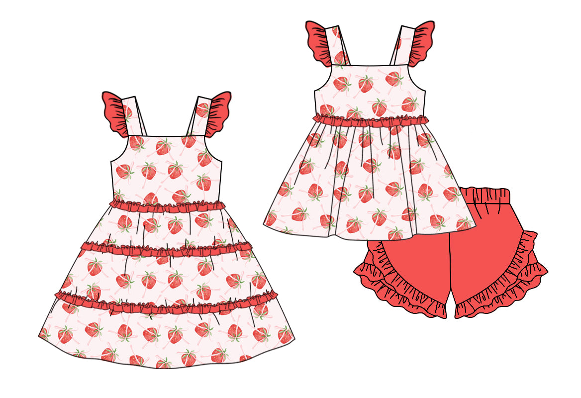 Baby Girl Strawberry Bows Sibling Matching Dress Clothes Set ( Moq 5 Each Design )