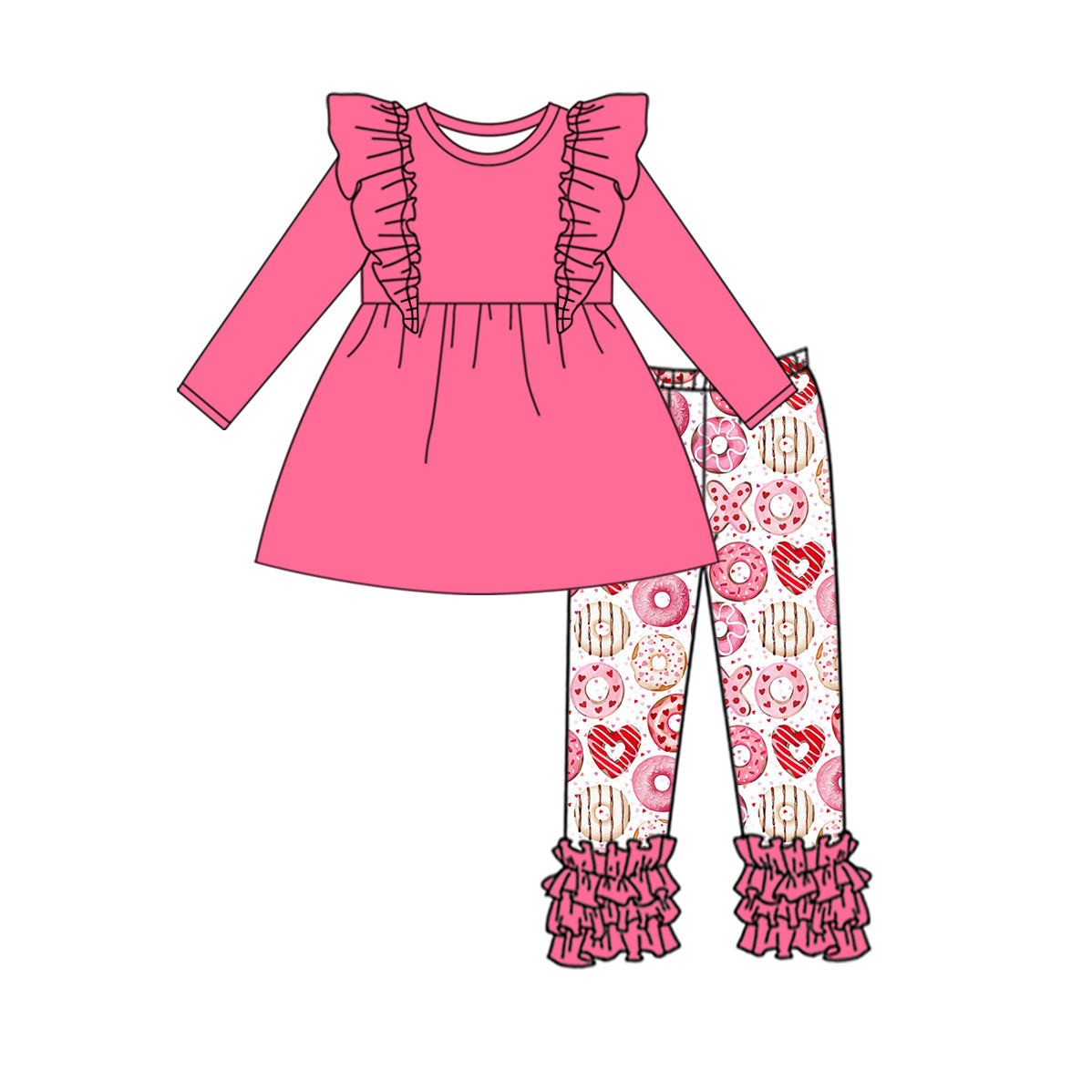 Baby Girl Long Sleeves Pink Cotton Ruffle Tunic Valentine Donuts Ruffle Pants Set