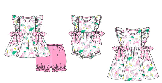 Baby Girl Short Sleeves Softball Dogs Sibling Romper Dress Clothes Set ( Moq 5 Each Design ) 11.27