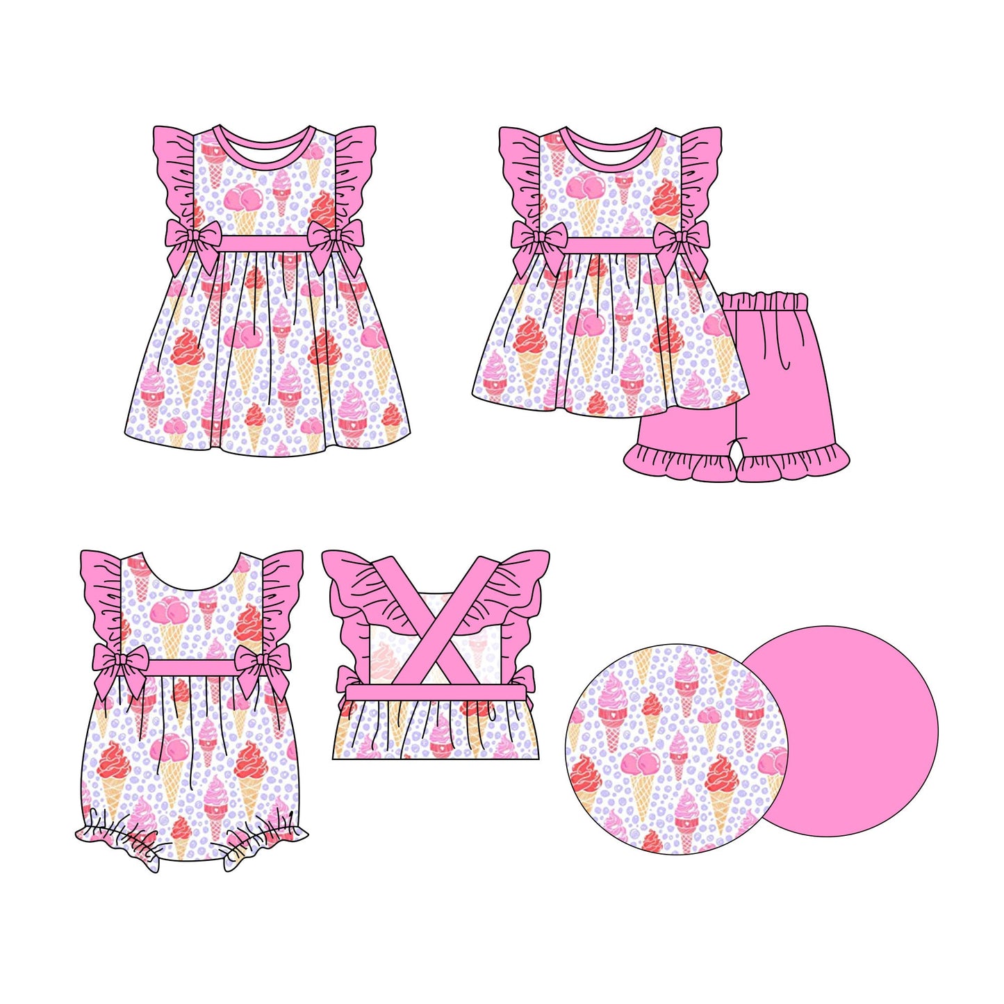 ( Moq 5 Each Style ) Baby Girl Short Sleeves Ice Cream Sibling Pink Romper Dress Set 3.27