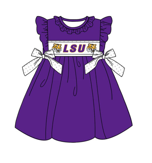 Baby Girl Purple Short Sleeves Tiger Team Bows Knee Length Dress Moq 5