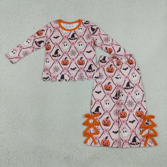 Baby Girls Kids Halloween Ghosts Pumpkins Bows Scallop Shirt Pants Set Clothes RTS