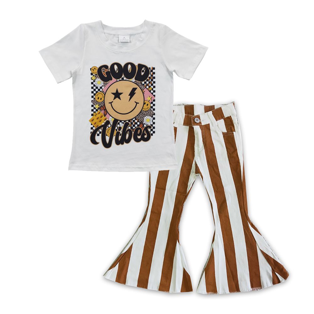 Baby Girl Short Sleeves Good Vibes Shirt Brown Striped Denim Bell Pants Outfit