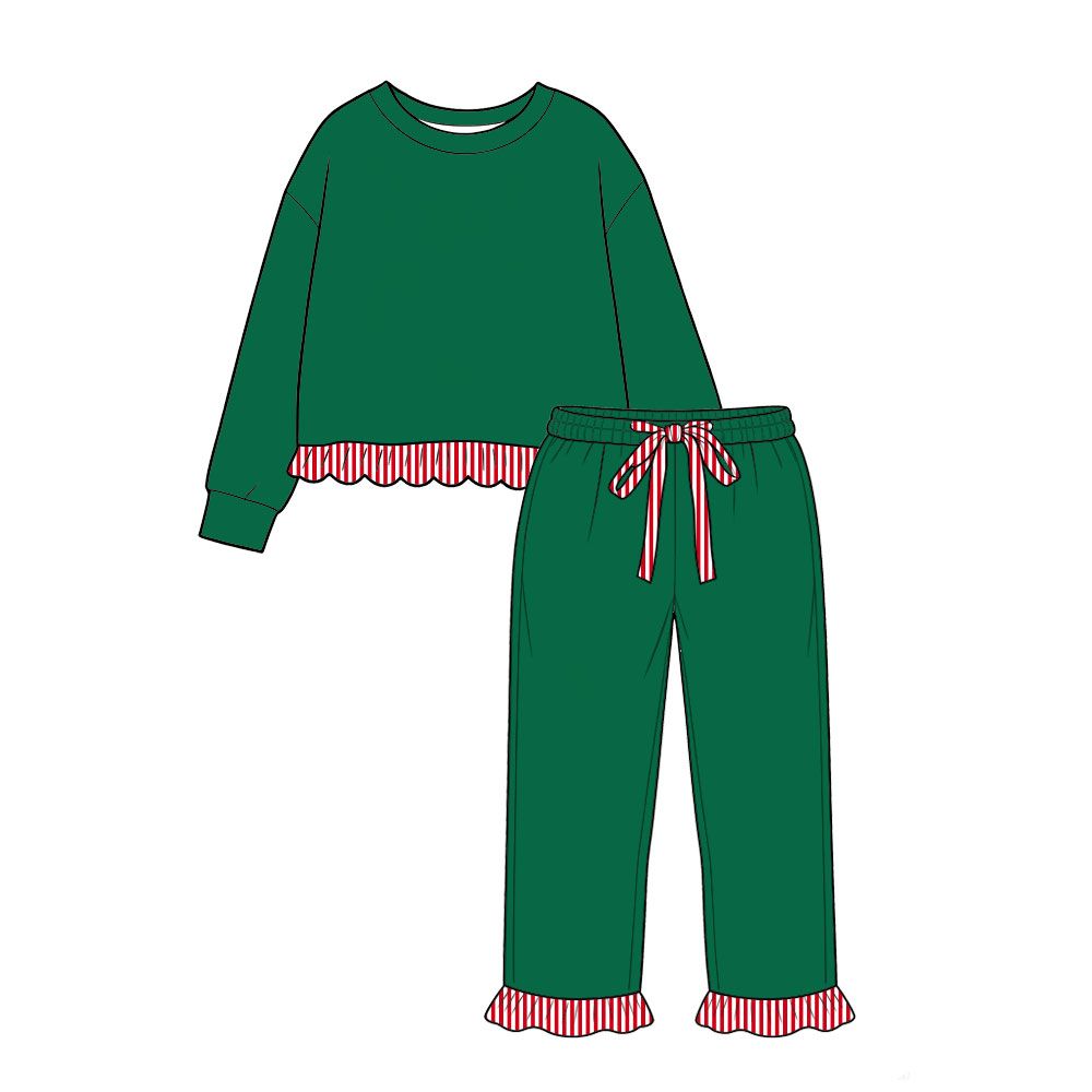 ( Moq 5 ) Preorder Baby Girls Kids Long Sleeves Stripes Ruffle Shirt Pants Green Set Cotton Clothes