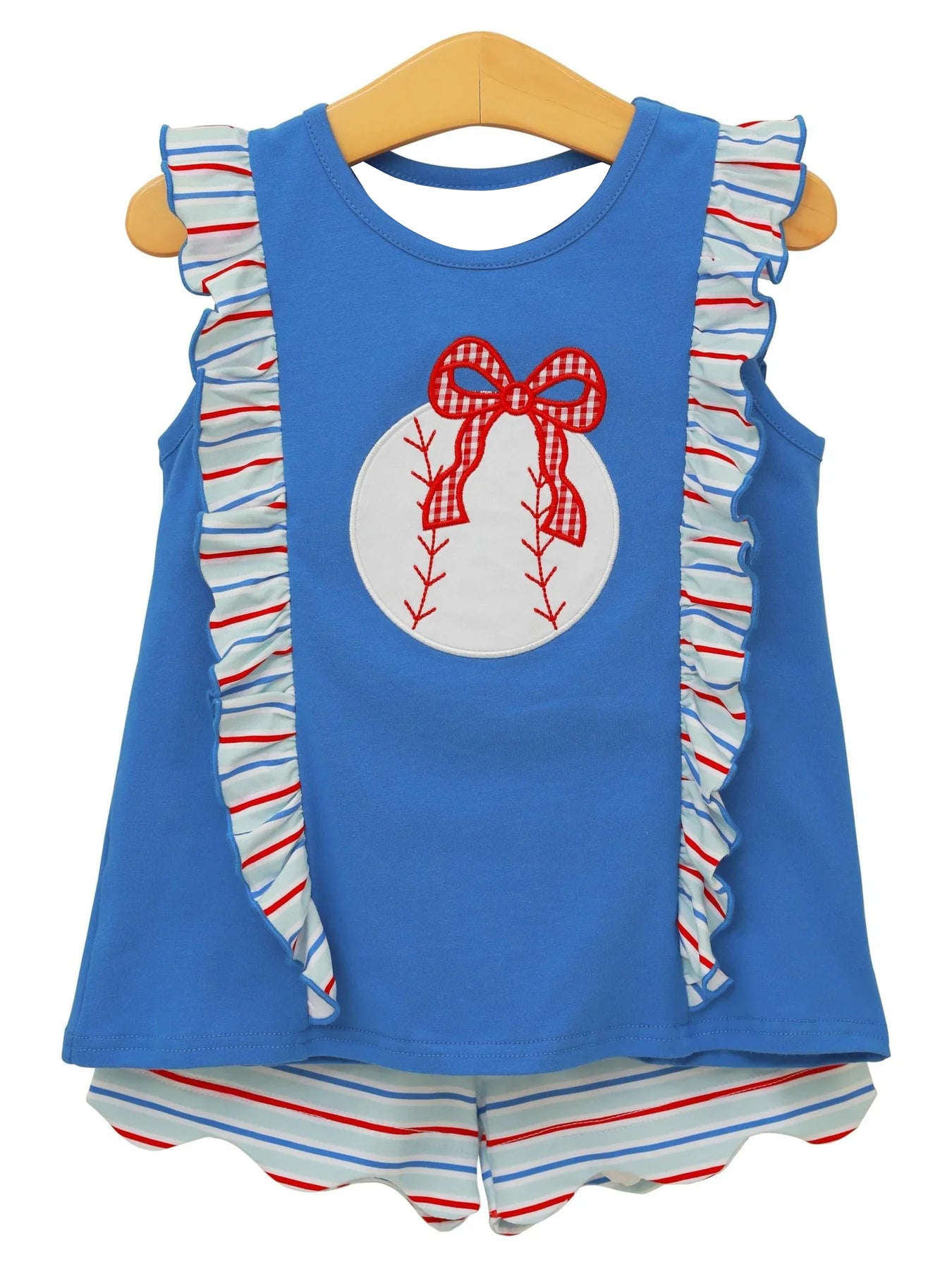 ( Moq 5 ) Preorder Baby Girls Kids Baseball Bows Ruffle Tops Stripes Scallop Shorts 4th of July Set