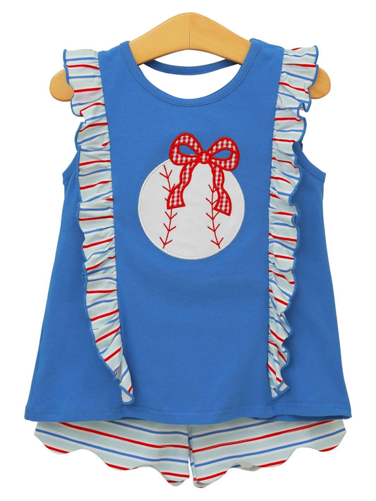 ( Moq 5 ) Preorder Baby Girls Kids Baseball Bows Ruffle Tops Stripes Scallop Shorts 4th of July Set