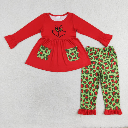 Baby Girl Christmas Red Face Tops Leopard Pants Set