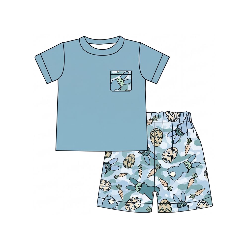( Moq 5 ) Preorder Baby Boys Kids Short Sleeves Shirt Rabbits Eggs Camo Shorts Easter Set Clothes
