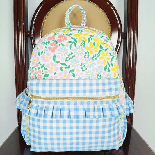 Baby Girl Flower Blue Plaid Backpack Bags