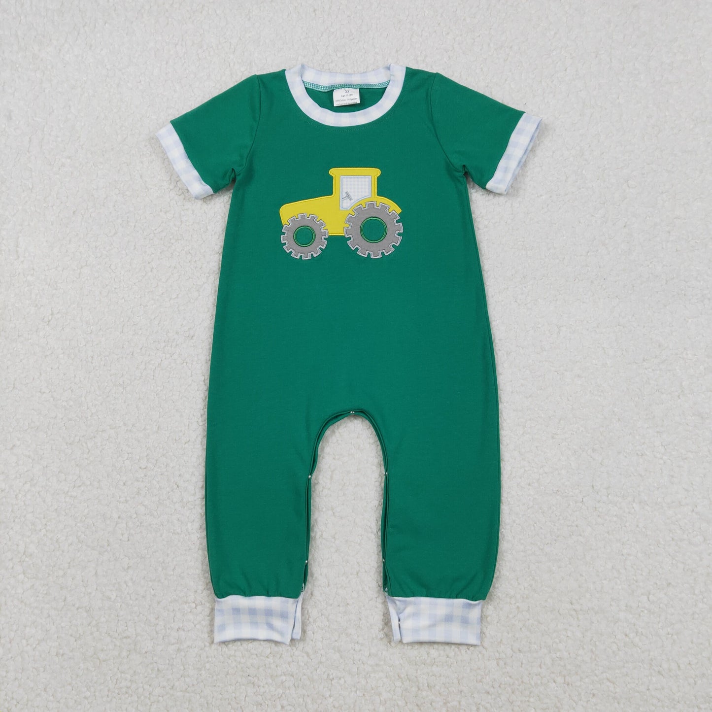Baby Boys Short Sleeves Embroidery Tractor Farm Green Buttons Romper RTS
