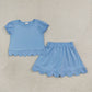 Baby Girls Kids Short Sleeves Blue Shirt Scallop Skirt Shorts Set Clothes RTS