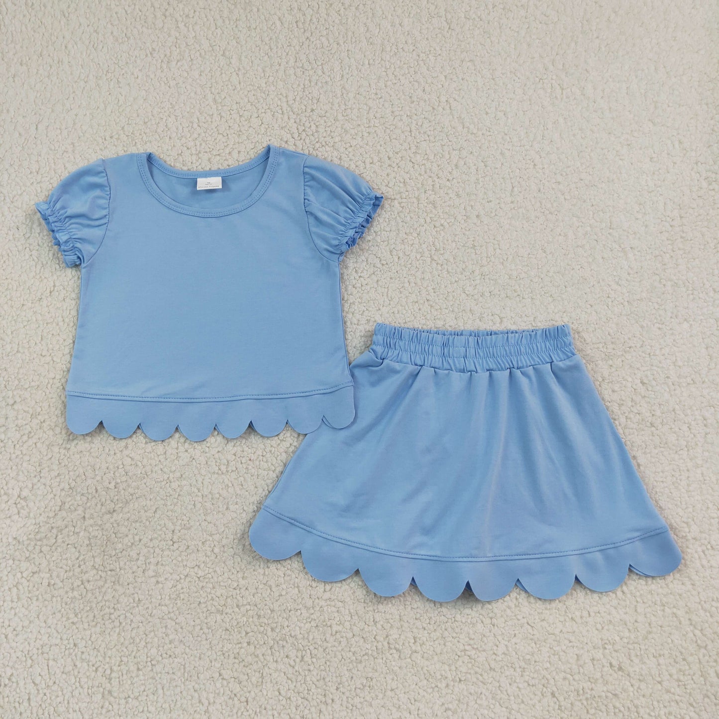 Baby Girls Kids Short Sleeves Blue Shirt Scallop Skirt Shorts Set Clothes RTS