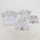 Sibling Baby Girls Adult Women Short Sleeves Purple Flower Shirts Shorts Scallop Sets Summer Clothes RTS