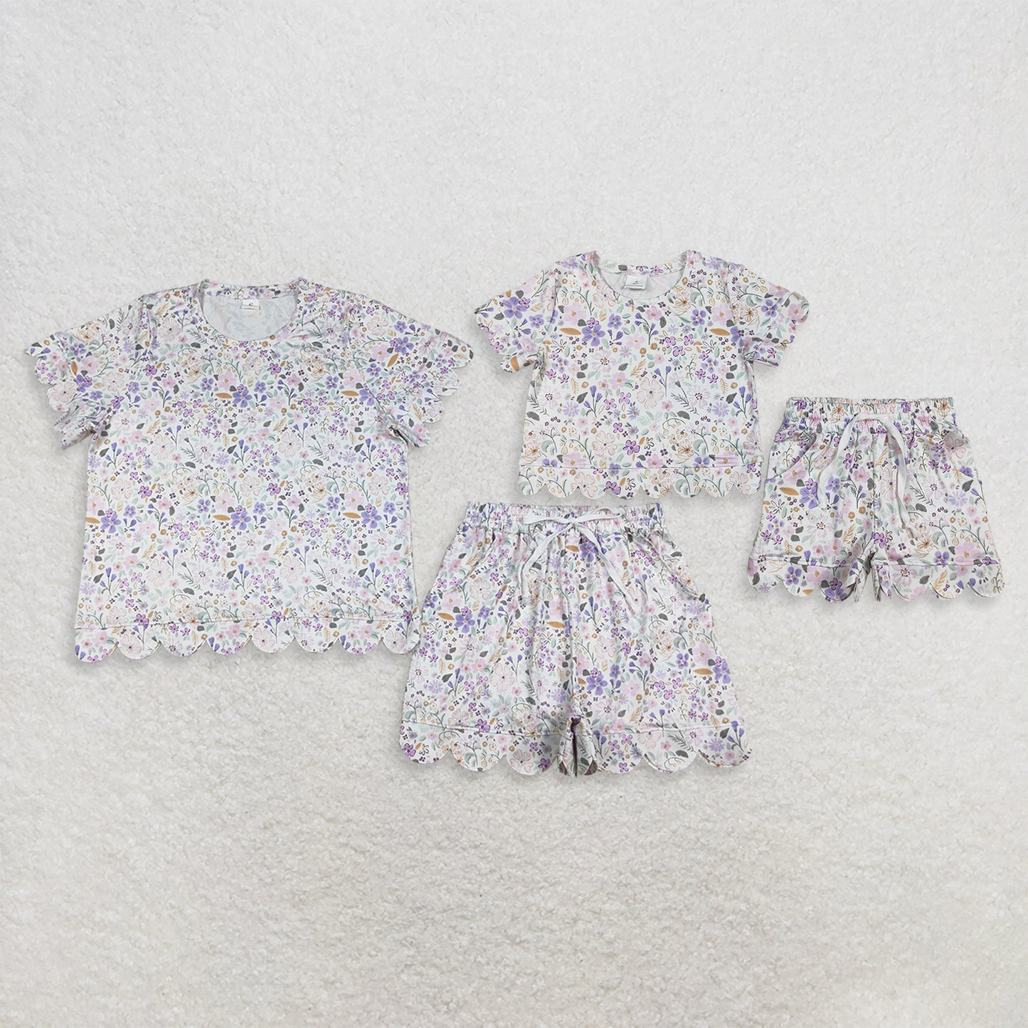 Sibling Baby Girls Adult Women Short Sleeves Purple Flower Shirts Shorts Scallop Sets Summer Clothes RTS