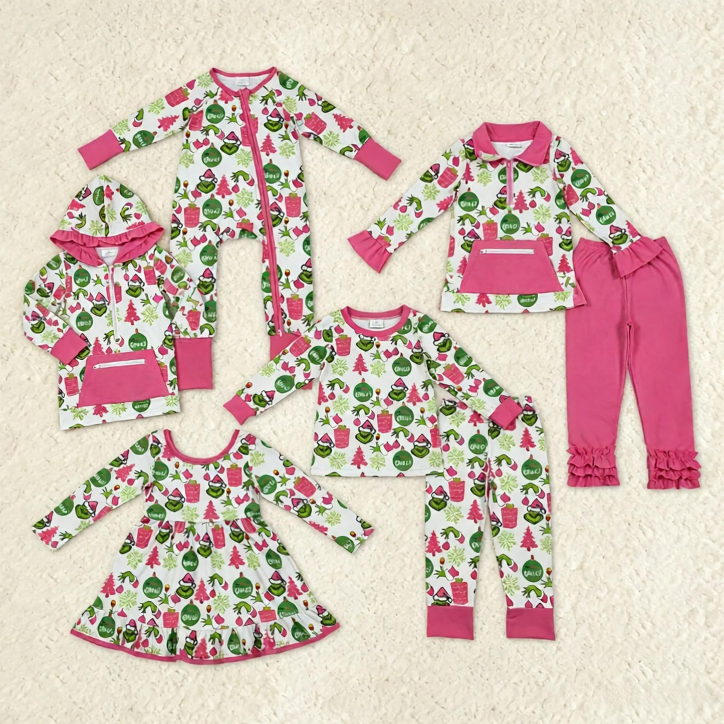 Sibling Girls Kids Long Sleeves Green Face Tree Christmas Zipper Romper Dress Set RTS