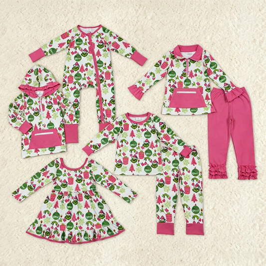 Sibling Girls Kids Long Sleeves Green Face Tree Christmas Zipper Romper Dress Set RTS
