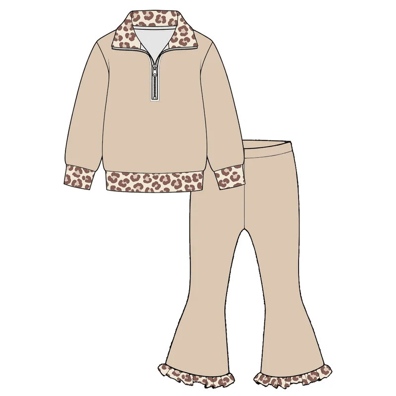 ( Moq 5 ) Preorder Baby Girls Kids Long Sleeves Zipper Shirt Pants Leopard Set Clothes