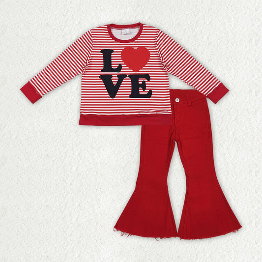 Baby Girls Long Sleeves Love Heart Stripes Shirt Red Denim Pants Valentines Clothes Set RTS