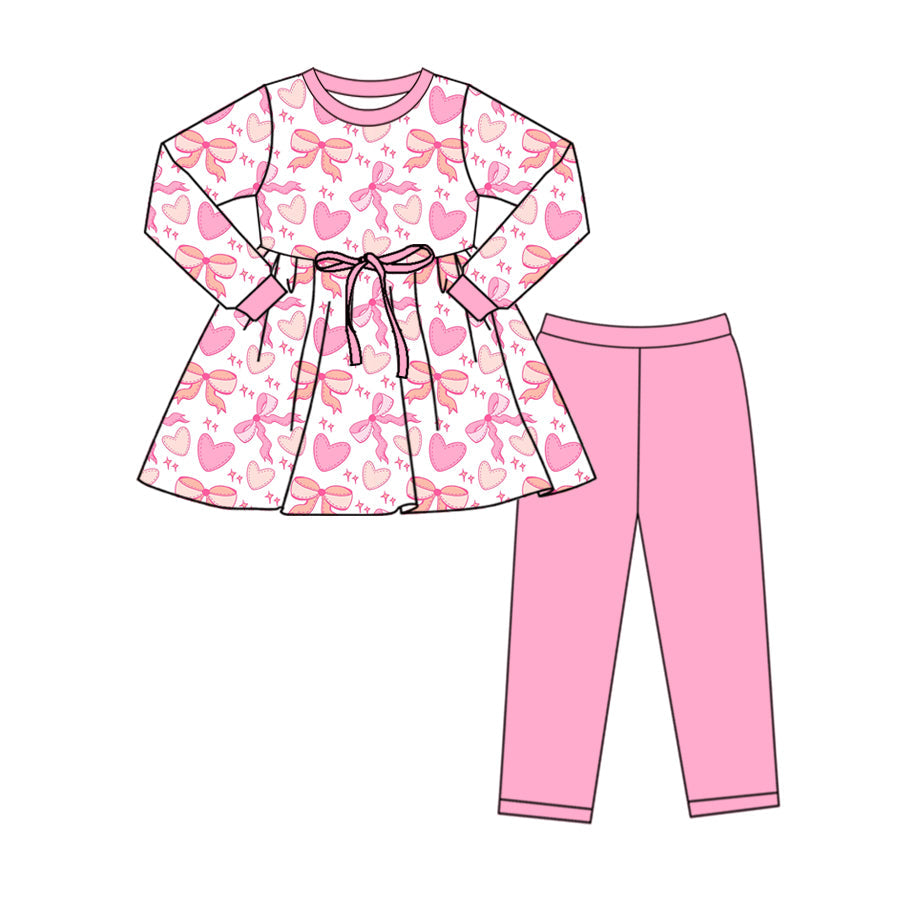 Baby Girl Long Sleeves Valentine Heart Pink Bows Tops Pants Clothes Set Moq 5