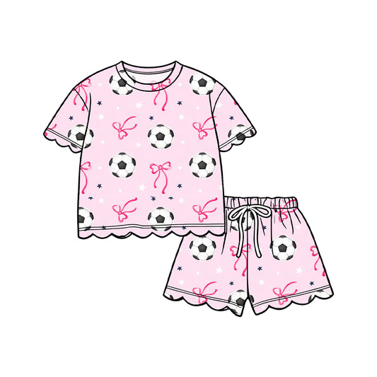 ( Moq 5 ) Preorder Baby Girls Kids Short Sleeves Soccer Bows Shirt Scallop Shorts Pink Set Clothes