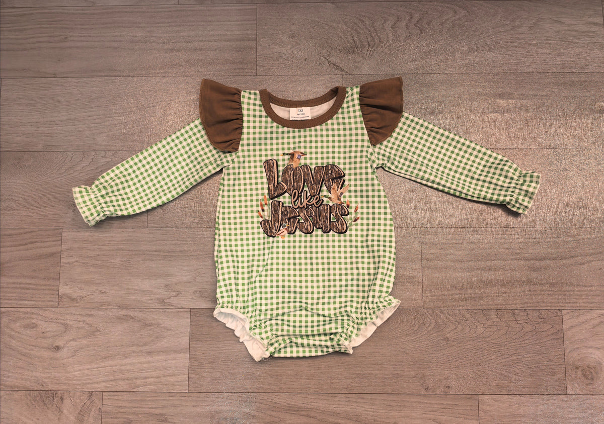 ( No moq ) Preorder Baby Girl Long Sleeves Ducks Jesus Green Plaid Bubble Romper