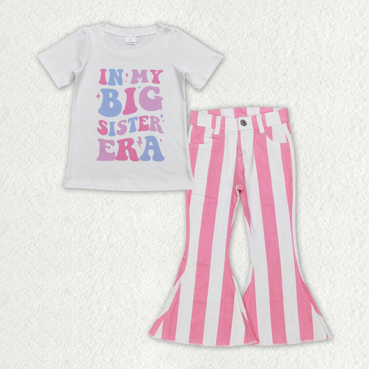 Baby Girl Big Sister Shirt Pink Stripes Denim Jeans Pants Singer Set