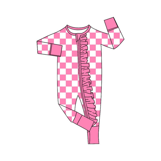 ( Moq 5 ) Preorder Baby Girls Kids Long Sleeves Checked Pink Ruffle Zipper Footie Sleeper Romper