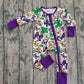Baby Girls Kids Long Sleeves Mardi Gras Bows Purple Zipper Sleeper Romper RTS