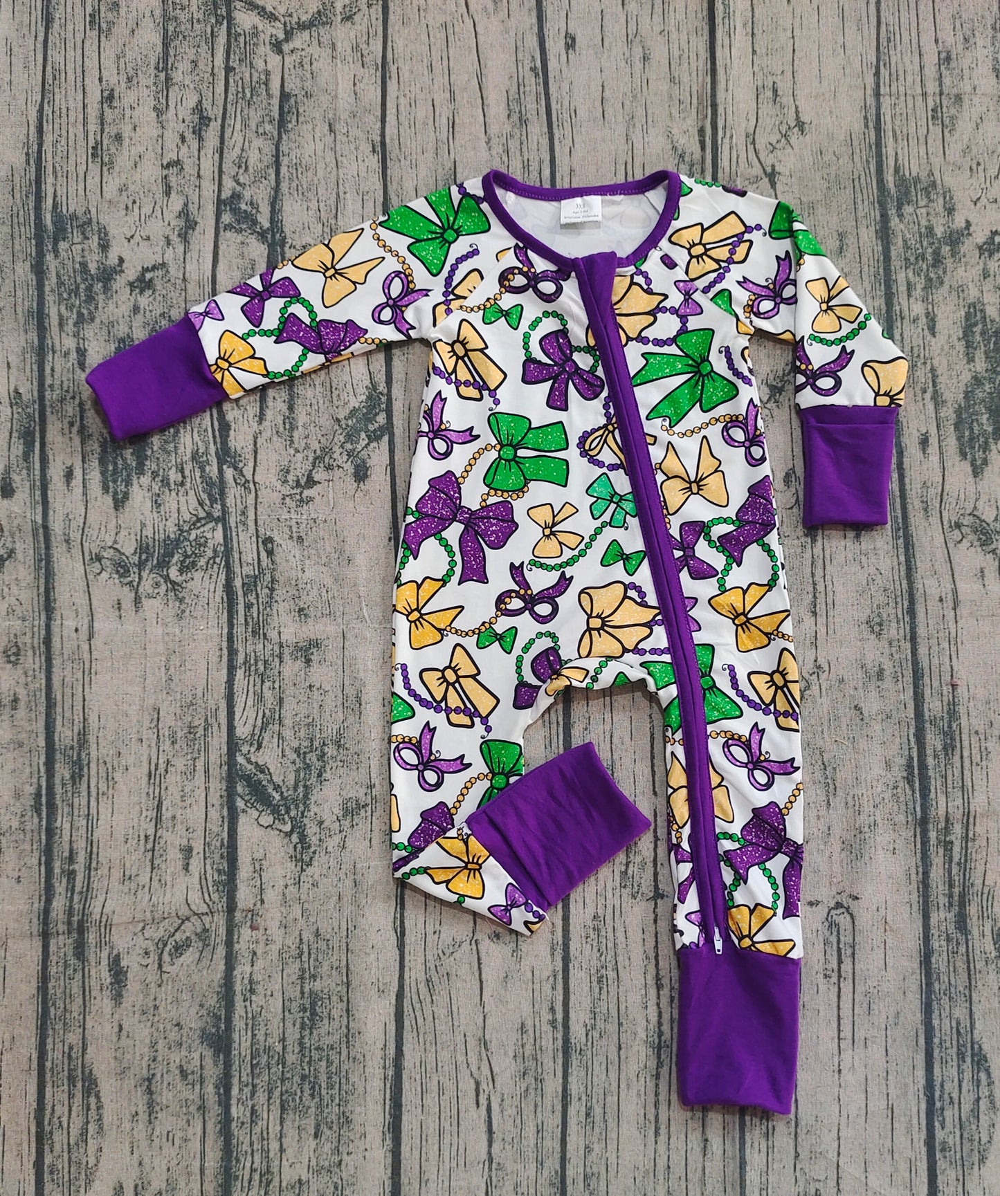 Baby Girls Kids Long Sleeves Mardi Gras Bows Purple Zipper Sleeper Romper RTS
