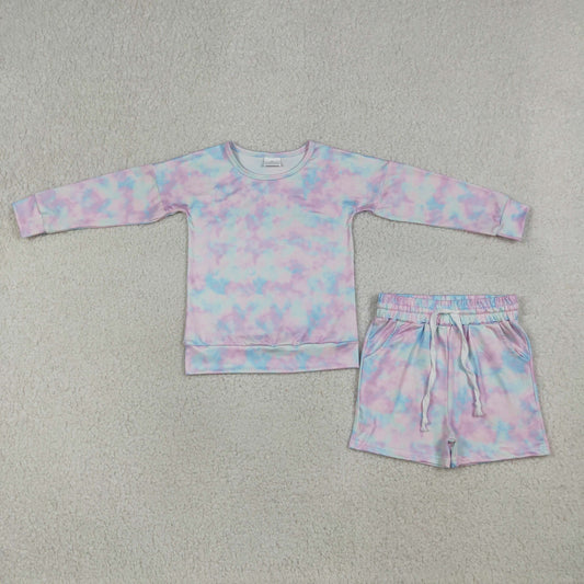 Baby Girls Kids Long Sleeves Tie Dye Tops Pockets Shorts Clothes Set RTS