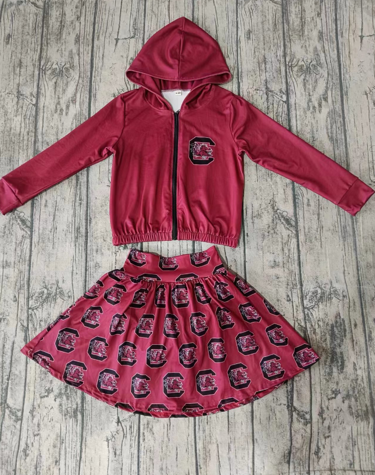 Baby Girl Toddler Dark Red Zipper Hoodie Tops Skirt Shorts Team Set Moq 5
