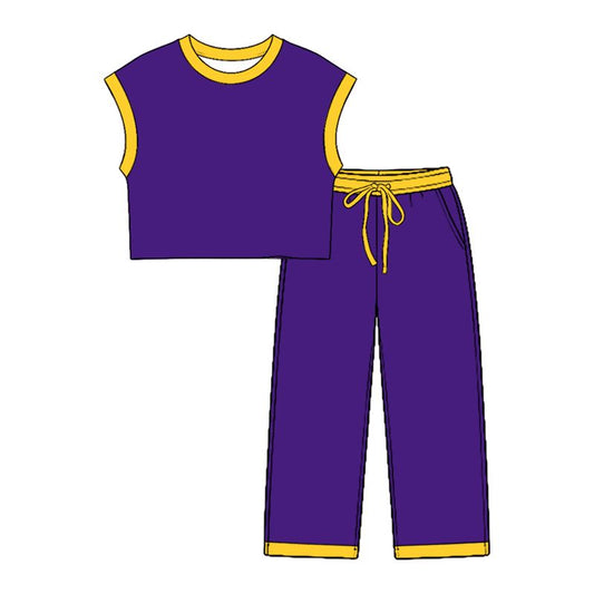 ( Moq 5 ) Preorder Baby Girls Kids Yellow Trim Shirt Tops Pockets Pants Cotton Set Purple Clothes