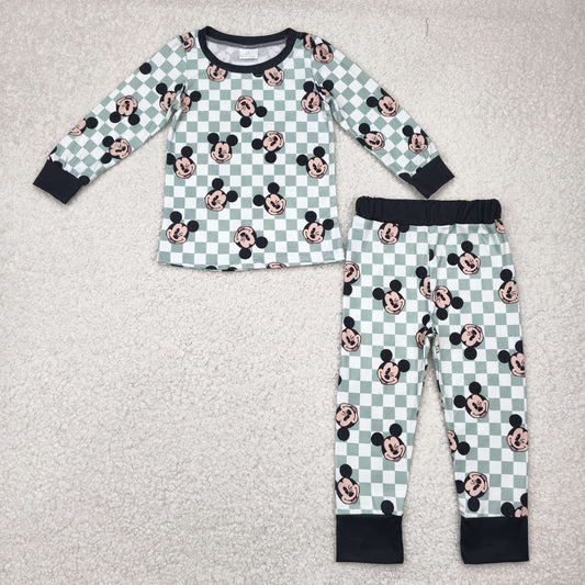 Baby Boy Long Sleeves Green Checked Mouse Shirt Pants Pajamas Set RTS