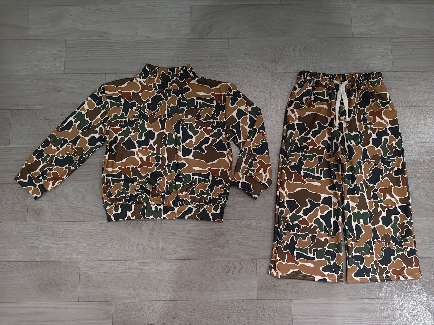 ( No moq ) Preorder Baby Girls Kids Long Sleeves Brown Camo Shirt Pants Yoga Active Set Clothes