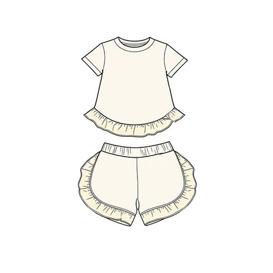 ( Moq 5 ) Preorder Baby Girl Kids Short Sleeves Ruffle Tops Shorts Cotton Set Summer Clothes
