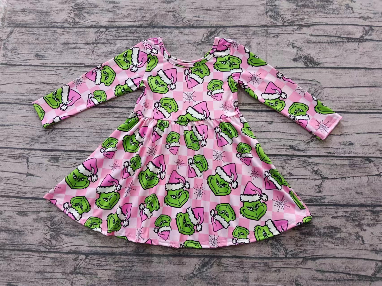 Baby Girl Long Sleeves Christmas Green Face Pink Checkered Knee Length Dress Moq 5