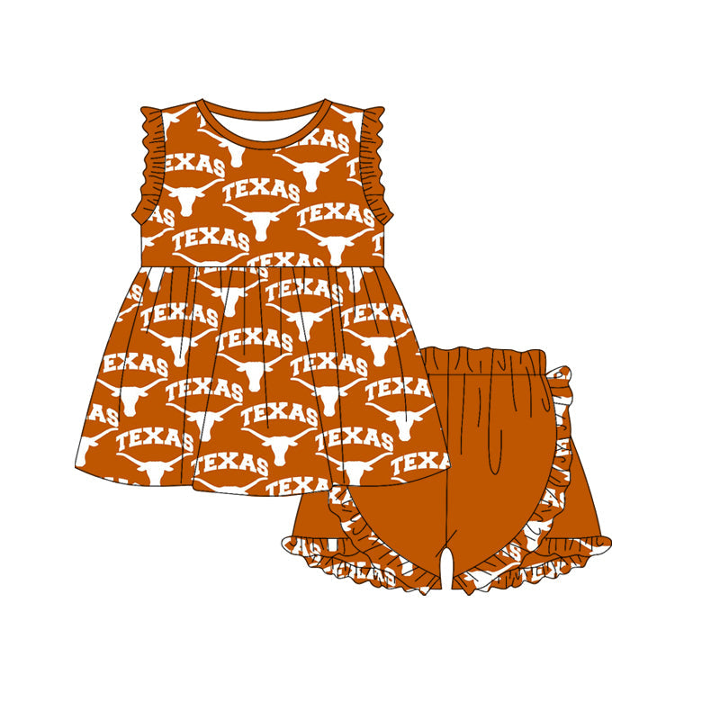 Baby Girl Sleeveless Team Cow Tunic Ruffle Brown Shorts Clothes Set ( Moq 5 )