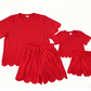Sibling Baby Girls Adult Women Short Sleeves Red Cotton Shirts Shorts Scallop Sets Summer Clothes RTS