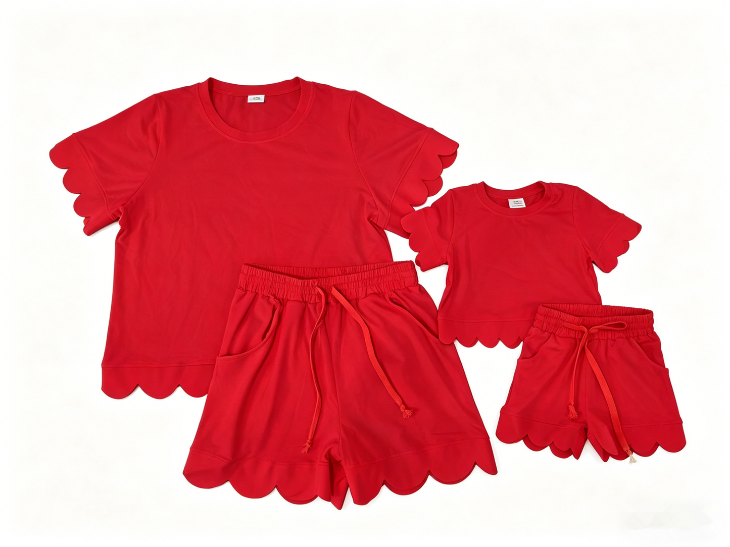 Sibling Baby Girls Adult Women Short Sleeves Red Cotton Shirts Shorts Scallop Sets Summer Clothes RTS