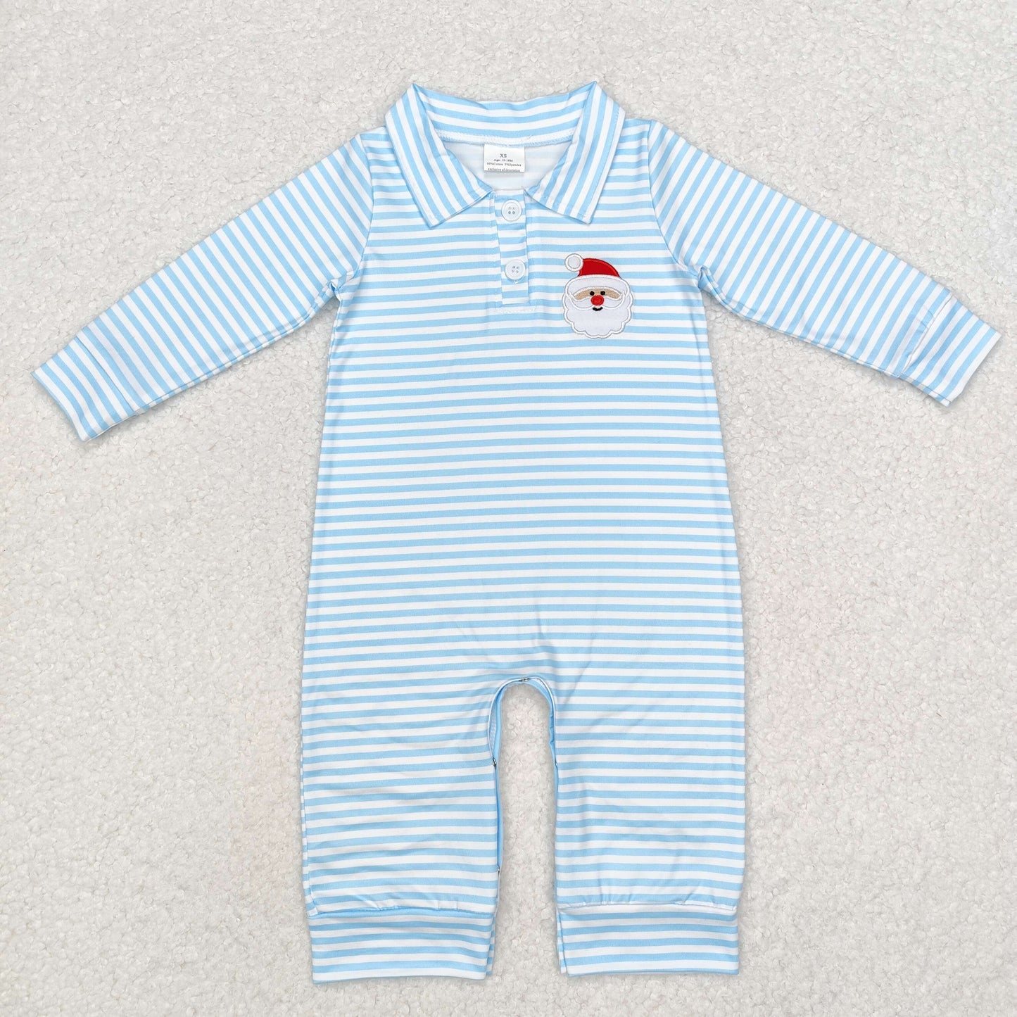 Baby Boy Blue Stripes Embroidery Christmas Santa Buttons Romper