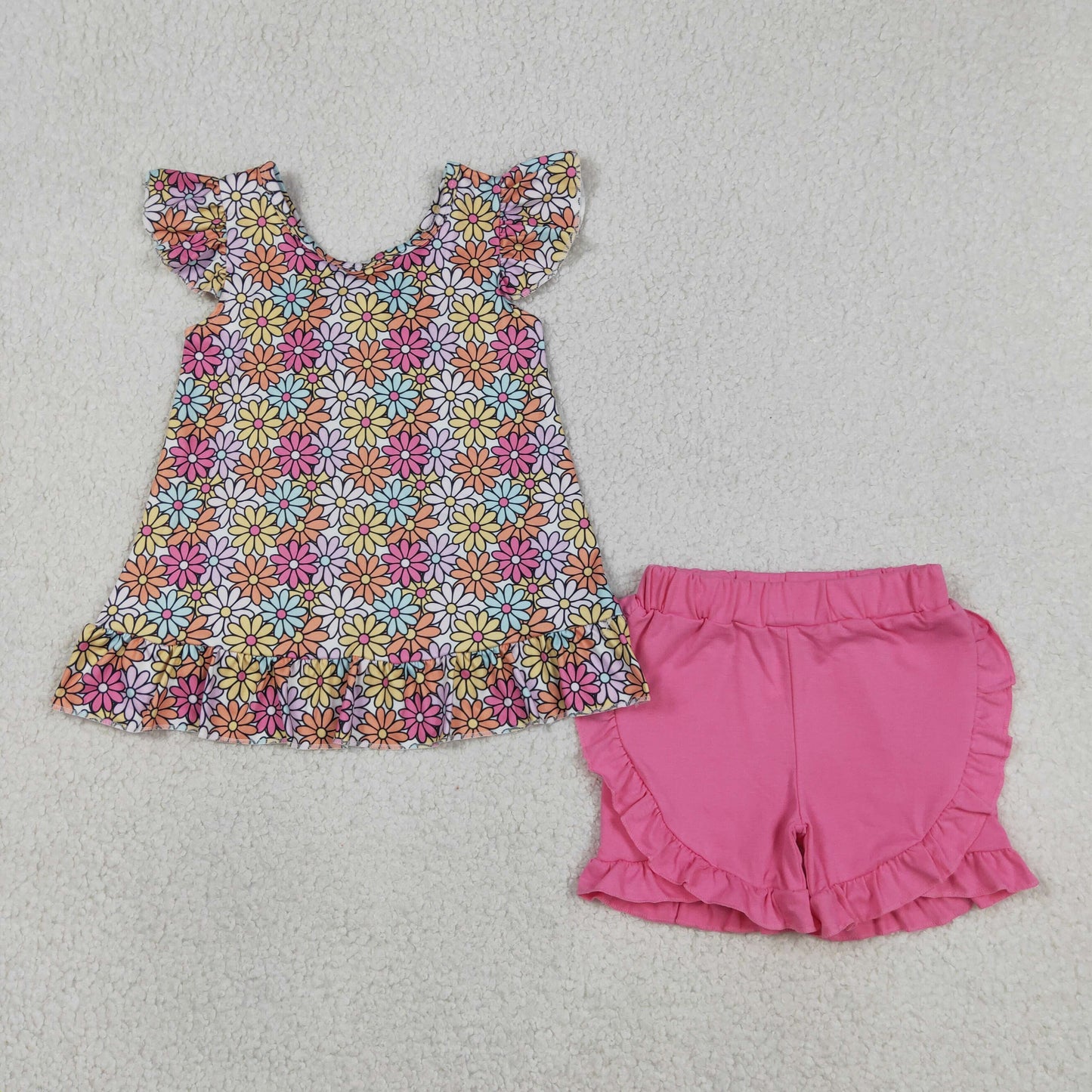 Baby Girls Kids Short Sleeves Flower Tunic Pink Ruffle Shorts Summer Set RTS